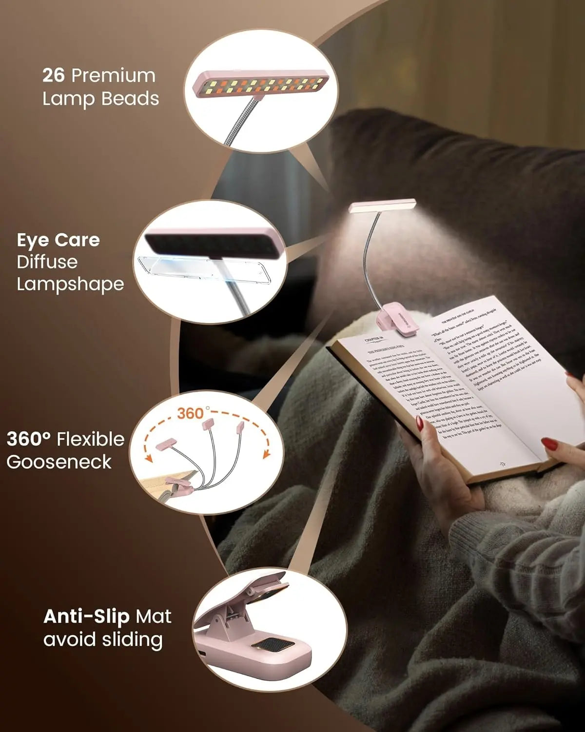 [Flash Sales!] Glocusent Clip-On Reading Light, New In, 26Leds, 5 Amber Colors Book Reading Light - Portable Clip on Light for Book Lovers